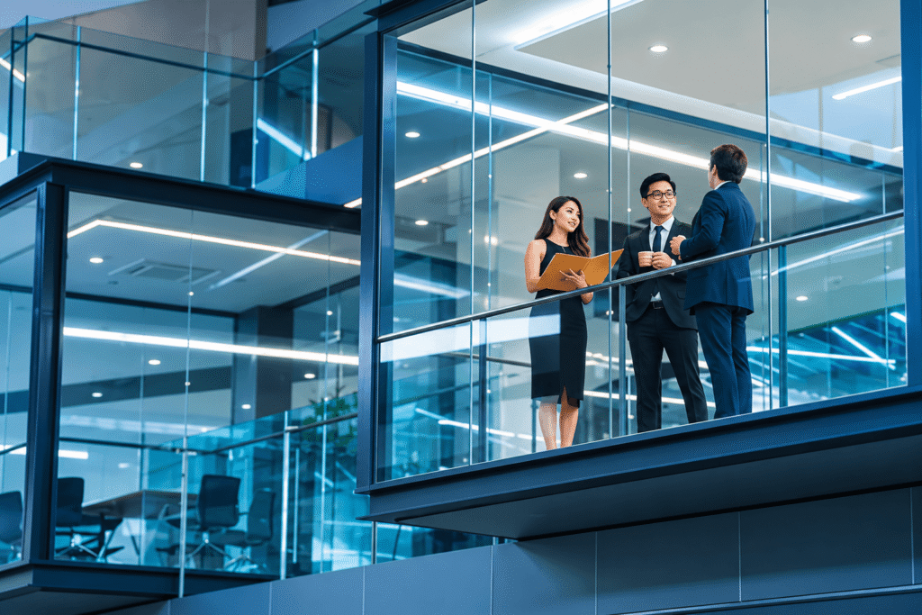 Professionals collaborating in a modern glass-walled office